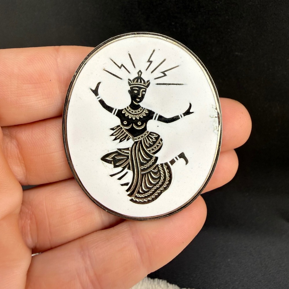 Vintage Japan Brooch White Black Enamel Thai Dancer Goddess Oval Pin